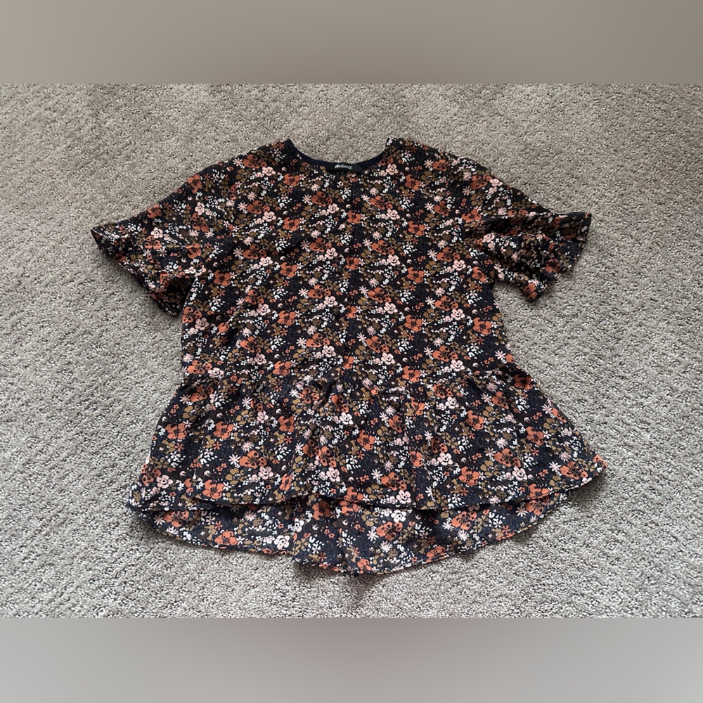 Madewell Silk Studio Ruffle-Hem Top in Prairie Blossoms Woodland Warm Nutmeg - S